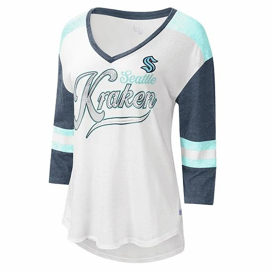 Cheapest ๐ฅฐ Unbranded ๐ฉ Women's Touch White/Heathered Deep Sea Blue Seattle Kraken Base Runner V-Neck Three-Quarter Length Sleeve T-Shirt ๐