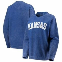 Outlet 🎉 Unbranded 👩 Women's Pressbox Royal Kansas Jayhawks Comfy Cord Vintage Wash Basic Arch Pullover Sweatshirt ⭐