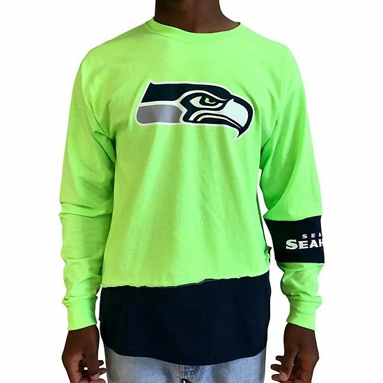 Best Sale 😀 Unbranded Men's Refried Apparel Neon Green/Navy Seattle Seahawks Sustainable Upcycled Angle Long Sleeve T-Shirt 🔥