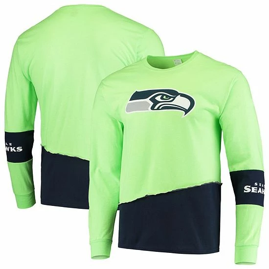 Best Sale 😀 Unbranded Men's Refried Apparel Neon Green/Navy Seattle Seahawks Sustainable Upcycled Angle Long Sleeve T-Shirt 🔥 - Image 2