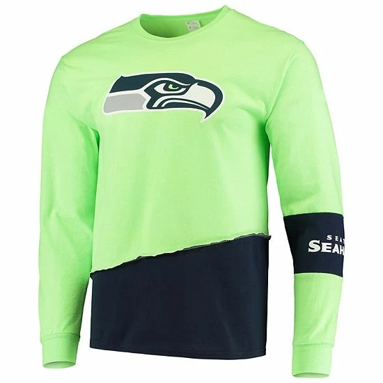 Best Sale 😀 Unbranded Men's Refried Apparel Neon Green/Navy Seattle Seahawks Sustainable Upcycled Angle Long Sleeve T-Shirt 🔥 - Image 3