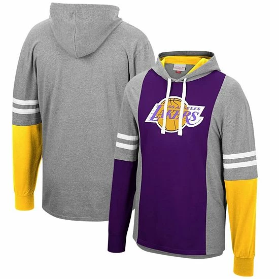Wholesale 🛒 Unbranded Men's Mitchell & Ness Heathered Gray/Purple Los Angeles Lakers Color Blocked Long Sleeve Hoodie T-Shirt 👍