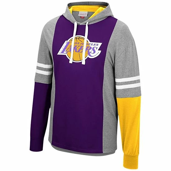 Wholesale 🛒 Unbranded Men's Mitchell & Ness Heathered Gray/Purple Los Angeles Lakers Color Blocked Long Sleeve Hoodie T-Shirt 👍 - Image 3