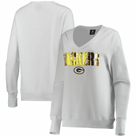 Hot Sale โญ Unbranded ๐ฉ Women's Cuce White Green Bay Packers Victory V-Neck Pullover Sweatshirt ๐ - Image 2