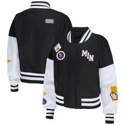 Budget ✨ Unbranded 👩 Women's WEAR By Erin Andrews Black/White Minnesota Vikings Full-Snap Varsity Jacket 👍