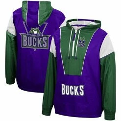 New 🔔 Unbranded Men's Mitchell & Ness Purple/Green Milwaukee Bucks Hardwood Classics Highlight Reel Windbreaker Half-Zip Hoodie Jacket 👏