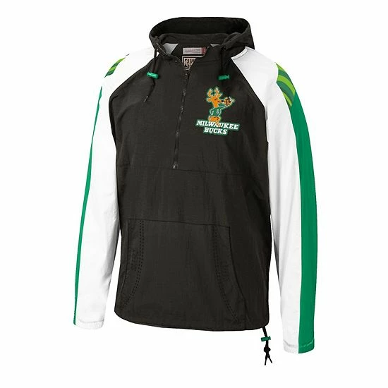New ๐ Unbranded Men's Mitchell & Ness Black Milwaukee Bucks Hardwood Classics Anorak Half-Zip Pullover Hoodie Windbreaker Jacket ๐ - Image 2