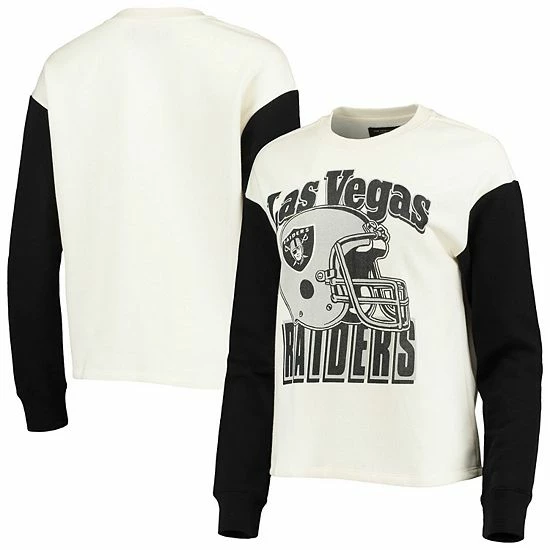 New 🛒 Unbranded 👩 Women's Junk Food White/Black Las Vegas Raiders Contrast Sleeve Pullover Sweatshirt 🌟