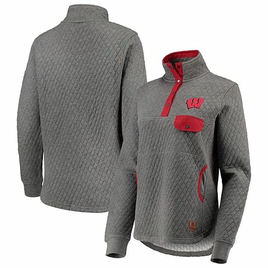 Wholesale 🔔 Unbranded 👩 Women's Pressbox Heathered Gray/Red Wisconsin Badgers Magnum Quilted Quarter-Snap Pullover Jacket 🥰