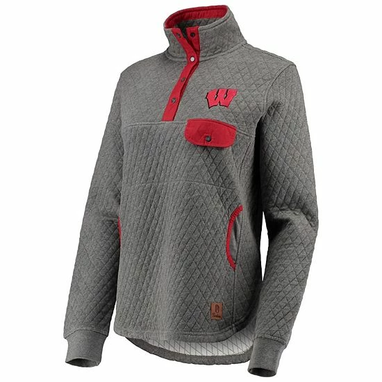 Wholesale 🔔 Unbranded 👩 Women's Pressbox Heathered Gray/Red Wisconsin Badgers Magnum Quilted Quarter-Snap Pullover Jacket 🥰 - Image 3