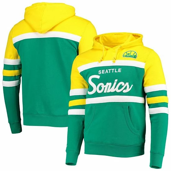 Promo 🤩 Unbranded Men's Mitchell & Ness Gold/Green Seattle Supersonics Hardwood Classics Head Coach Color Block Logo Pullover Hoodie 👍
