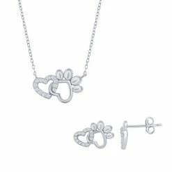 New 🌟 Unbranded Sterling Silver Cubic Zirconia Heart Paw Print Necklace & Earrings Set 👍
