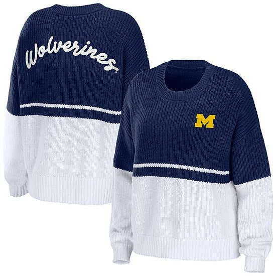 Hot Sale ๐ Unbranded ๐ฉ Women's WEAR By Erin Andrews Navy/White Michigan Wolverines Boucle Jacquard Patch Chunky Sweater ๐