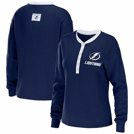 Hot Sale 😍 Unbranded 👩 Women's WEAR By Erin Andrews Blue Tampa Bay Lightning Waffle Henley Long Sleeve T-Shirt 😉