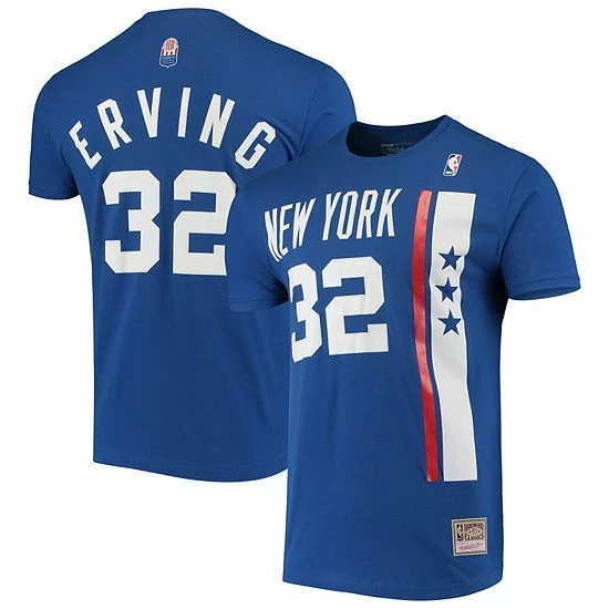 New 🛒 Unbranded Men's Mitchell & Ness Julius Erving Blue New York Nets Hardwood Classics Stitch Name & Number T-Shirt 👍