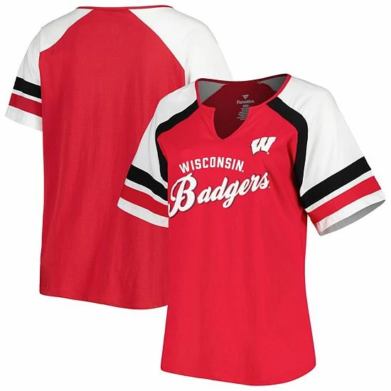 Hot Sale โญ Unbranded ๐ฉ Women's Red Wisconsin Badgers Plus Size Arch Raglan Notch Neck T-Shirt ๐