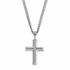 New 🤩 Unbranded Men's Stainless Steel Diamond Accent Cross Pendant Necklace 😍
