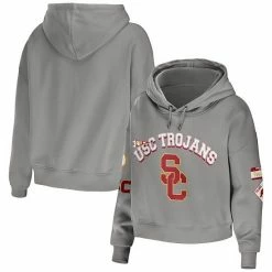 Outlet 🤩 Unbranded 👩 Women's WEAR By Erin Andrews Gray USC Trojans Mixed Media Cropped Pullover Hoodie 🧨