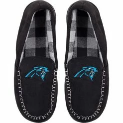Wholesale 🔔 Unbranded Men's FOCO Carolina Panthers Team Logo Flannel Moccasin Slippers 🛒