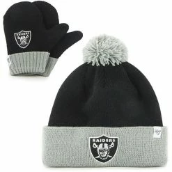 Cheapest 😍 Unbranded Infant '47 Black/Silver Las Vegas Raiders Bam Bam Cuffed Knit Hat With Pom And Mittens Set ❤️