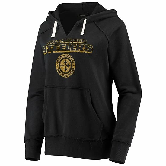 Cheapest ⌛ Unbranded 👩 Women's Junk Food Black Pittsburgh Steelers Raw Edge Raglan Notch Neck Pullover Hoodie ✔️ - Image 2