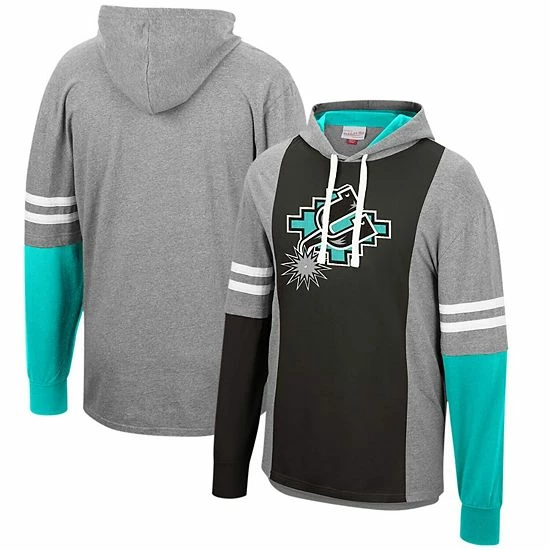 New ⌛ Unbranded Men's Mitchell & Ness Heathered Gray/Black San Antonio Spurs Color Blocked Long Sleeve Hoodie T-Shirt 💯 - Image 2