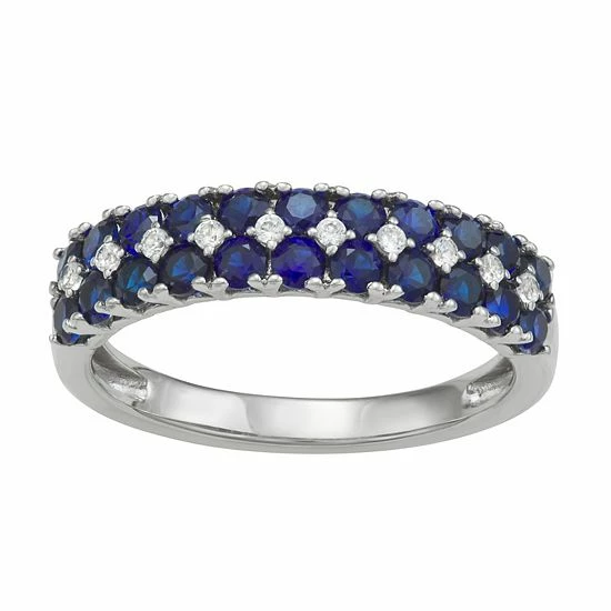 Wholesale 😀 Unbranded Sterling Silver Lab-Created Blue & White Sapphire 2-Row Ring 🔔