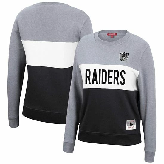 Hot Sale 😉 Unbranded 👩 Women's Mitchell & Ness Heathered Gray/Black Las Vegas Raiders Color Block Pullover Sweatshirt 👍 - Image 2