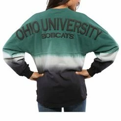 Promo ❤️ Unbranded 👩 Women's Green Ohio Bobcats Ombre Long Sleeve Dip-Dyed Spirit Jersey 🤩