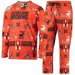 Promo ⌛ Unbranded Men's FOCO Orange Cleveland Browns Wordmark Ugly Pajama Sleep Set 😉