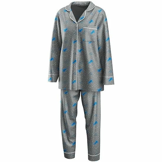 Outlet ๐คฉ Unbranded ๐ฉ Women's WEAR By Erin Andrews Silver Detroit Lions Long Sleeve Button-Up ๐ Shirt & Pants Sleep Set ๐คฉ - Image 2