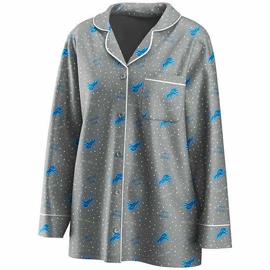 Outlet ๐คฉ Unbranded ๐ฉ Women's WEAR By Erin Andrews Silver Detroit Lions Long Sleeve Button-Up ๐ Shirt & Pants Sleep Set ๐คฉ - Image 3