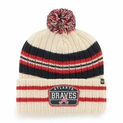 New 👍 Unbranded Men's '47 Natural Atlanta Braves Home Patch Cuffed Knit Hat With Pom 🤩