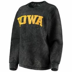 Promo 🤩 Unbranded 👩 Women's Pressbox Black Iowa Hawkeyes Comfy Cord Vintage Wash Basic Arch Pullover Sweatshirt 👍