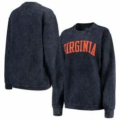 Hot Sale 🧨 Unbranded 👩 Women's Pressbox Navy Virginia Cavaliers Comfy Cord Vintage Wash Basic Arch Pullover Sweatshirt 🔔