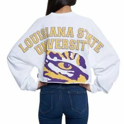 Top 10 👏 Unbranded 👩 Women's White LSU Tigers Raw Hem Cropped Spirit Jersey Long Sleeve T-Shirt 🎉