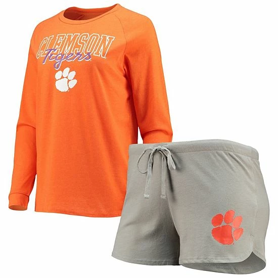 New 🤩 Unbranded 👩 Women's Concepts Sport Orange/Gray Clemson Tigers Raglan Long Sleeve T-Shirt & Shorts Sleep Set ✔️ - Image 2