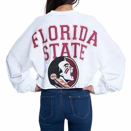 Outlet 💯 Unbranded 👩 Women's White Florida State Seminoles Raw Hem Cropped Spirit Jersey Long Sleeve T-Shirt 😀