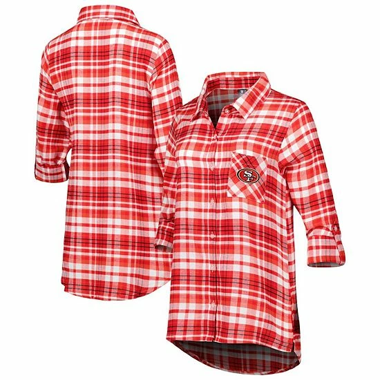 Promo ⌛ Unbranded 👩 Women's Concepts Sport Scarlet/Black San Francisco 49ers Mainstay Flannel Full-Button Long Sleeve Nightshirt 🛒