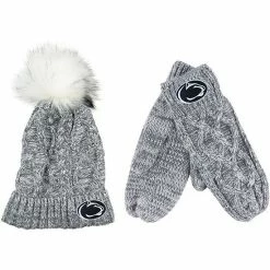 Budget 🎉 Unbranded ZooZatz Gray Penn State Nittany Lions Cuffed Knit Pom Hat & Mittens Set ⭐
