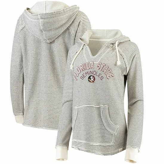 Wholesale 😉 Unbranded 👩 Women's Blue 84 Cream Florida State Seminoles Striped French Terry V-Neck Pullover Hoodie 🤩 - Image 2