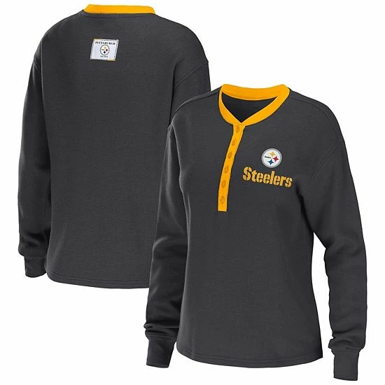 Top 10 🤩 Unbranded 👩 Women's WEAR By Erin Andrews Charcoal Pittsburgh Steelers Waffle Henley Long Sleeve T-Shirt 🎉 - Image 2