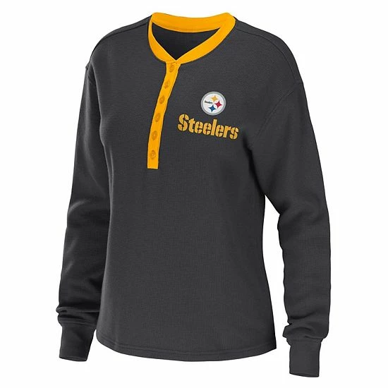 Top 10 🤩 Unbranded 👩 Women's WEAR By Erin Andrews Charcoal Pittsburgh Steelers Waffle Henley Long Sleeve T-Shirt 🎉 - Image 3