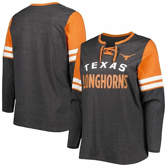 Flash Sale ❤️ Unbranded 👩 Women's Heather Charcoal/Texas Orange Texas Longhorns Plus Size Stripe Lace-Up V-Neck Long Sleeve T-Shirt 🤩 - Image 2