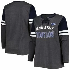 Outlet 😍 Unbranded 👩 Women's Heather Charcoal/Navy Penn State Nittany Lions Plus Size Stripe Lace-Up V-Neck Long Sleeve T-Shirt 👏
