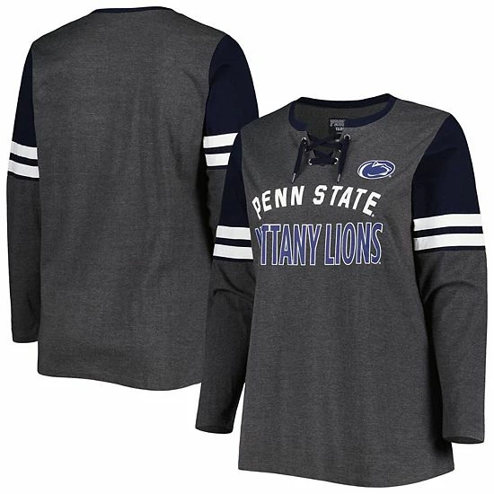 Outlet ๐ Unbranded ๐ฉ Women's Heather Charcoal/Navy Penn State Nittany Lions Plus Size Stripe Lace-Up V-Neck Long Sleeve T-Shirt ๐ - Image 2