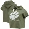 Flash Sale 🌟 Unbranded 👩 Women's Original Retro Brand Olive Clemson Tigers Cropped Tri-Blend Short Sleeve Pullover Hoodie 👏