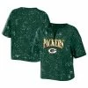Discount 🥰 Unbranded 👩 Women's WEAR By Erin Andrews Green Green Bay Packers Bleach Wash Splatter Notch Neck Cropped T-Shirt 🧨