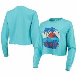 Top 10 🔥 Unbranded 👩 Women's Teal Florida Gators Palm Trees Sunset Long Sleeve Crop Top 🔔