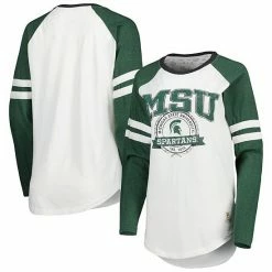 Wholesale 😍 Unbranded 👩 Women's Pressbox White/Green Michigan State Spartans Brooking Sleeve Stripe Raglan Long Sleeve T-Shirt 🧨